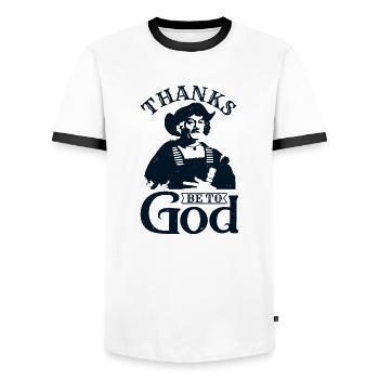 THANKS BE TO GOD - Men's Ringer Shirt - white/black - Front - AI Model Female 172 light (172cm) & AI Model Male 178 dark (178cm)
