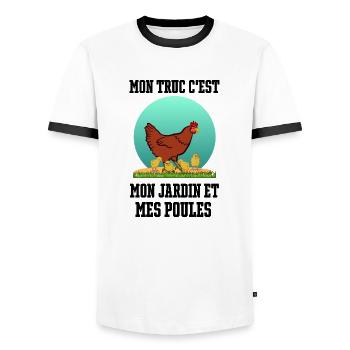 Mon truc c'est mon jardin et mes poules - T-shirt contrasté Homme - blanc/noir - Devant - AI Model Female 172 light (172cm) & AI Model Male 178 dark (178cm)