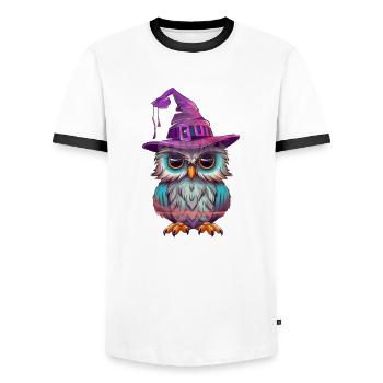 Sorcière hibou avec chapeau - T-shirt contrasté Homme - blanc/noir - Devant - AI Model Female 172 light (172cm) & AI Model Male 178 dark (178cm)