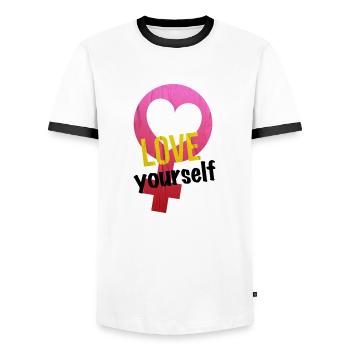 LOVE YOURSELF WOMAN POWER - Männer Kontrast-T-Shirt - Weiß/Schwarz - Vorne - AI Model Female 172 light (172cm) & AI Model Male 178 dark (178cm)