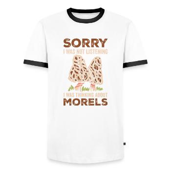 Thinking About Morels Mycology Mushroom Morel - Men's Ringer Shirt - white/black - Front - AI Model Female 172 light (172cm) & AI Model Male 178 dark (178cm)