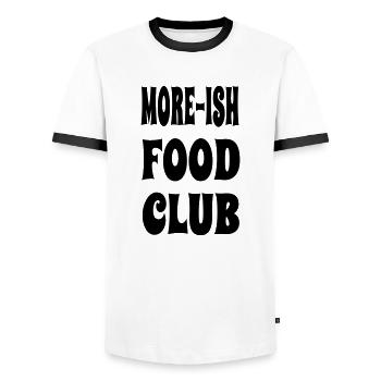 MoreishFoodClub1 - Men's Ringer Shirt - white/black - Front - AI Model Female 172 light (172cm) & AI Model Male 178 dark (178cm)