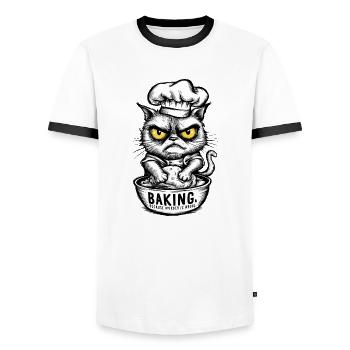 Baking Because Murder Is Wrong Sarcastic Cat - Men's Ringer Shirt - white/black - Front - AI Model Female 172 light (172cm) & AI Model Male 178 dark (178cm)