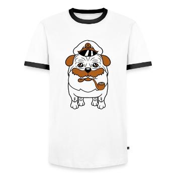Alter Mops Hund Kapitän Lustig Süß Cartoon Comic - Männer Kontrast-T-Shirt - Weiß/Schwarz - Vorne - AI Model Female 172 light (172cm) & AI Model Male 178 dark (178cm)