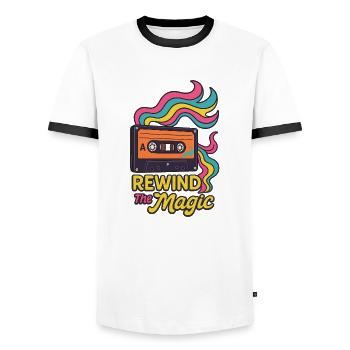 Rewind the Magic – Retro cassette with a colorful vibe - Men's Ringer Shirt - white/black - Front - AI Model Female 172 light (172cm) & AI Model Male 178 dark (178cm)