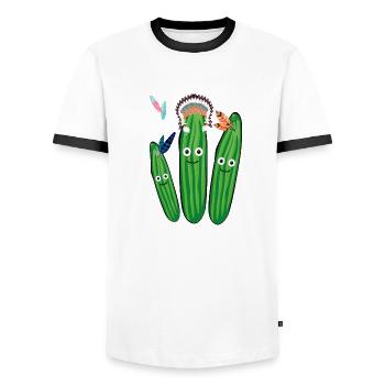 concombre, concombre, indien, plumes, coiffe de plumes - T-shirt contrasté Homme - blanc/noir - Devant - AI Model Female 172 light (172cm) & AI Model Male 178 dark (178cm)