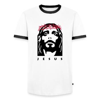 jesus - Men's Ringer Shirt - white/black - Front - AI Model Female 172 light (172cm) & AI Model Male 178 dark (178cm)