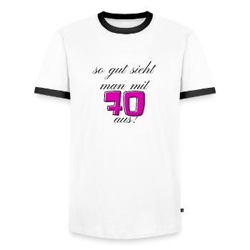 70. Geburtstag - Männer Kontrast-T-Shirt - Weiß/Schwarz - Vorne - AI Model Female 172 light (172cm) & AI Model Male 178 dark (178cm)
