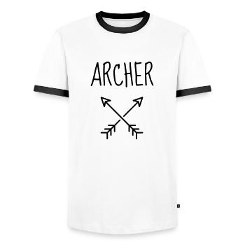 Tir à l'arc Archer Sport Sportif Athlète Flêche - T-shirt contrasté Homme - blanc/noir - Devant - AI Model Female 172 light (172cm) & AI Model Male 178 dark (178cm)