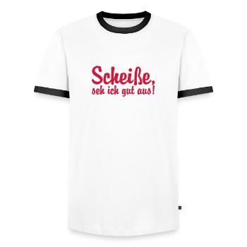 Scheisse seh ich gut aus - Men's Ringer Shirt - white/black - Front - AI Model Female 172 light (172cm) & AI Model Male 178 dark (178cm)