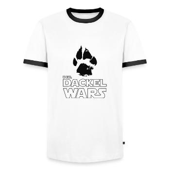 Der Dackel Wars - mit Hundepfote und Schriftzug - Männer Kontrast-T-Shirt - Weiß/Schwarz - Vorne - AI Model Female 172 light (172cm) & AI Model Male 178 dark (178cm)
