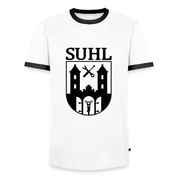 Emblème Simson Suhl avec texte v.2 - T-shirt contrasté Homme - blanc/noir - Devant - AI Model Female 172 light (172cm) & AI Model Male 178 dark (178cm)