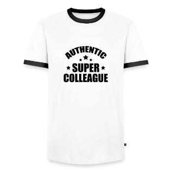 Kollegen / Kollegin / Unternehmen / Büro - Männer Kontrast-T-Shirt - Weiß/Schwarz - Vorne - AI Model Female 172 light (172cm) & AI Model Male 178 dark (178cm)