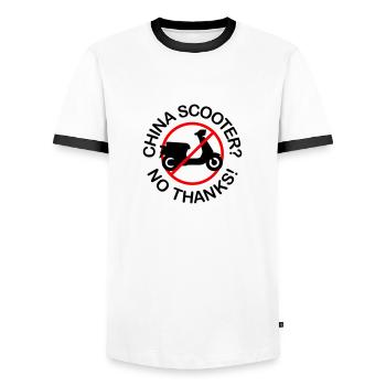 China Scooter? No Thanks! (2-colored) - Men's Ringer Shirt - white/black - Front - AI Model Female 172 light (172cm) & AI Model Male 178 dark (178cm)