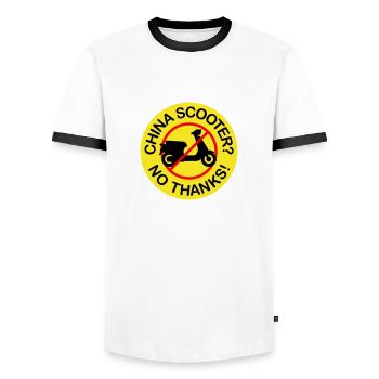 China Scooter? No Thanks! (3-color) - Men's Ringer Shirt - white/black - Front - AI Model Female 172 light (172cm) & AI Model Male 178 dark (178cm)