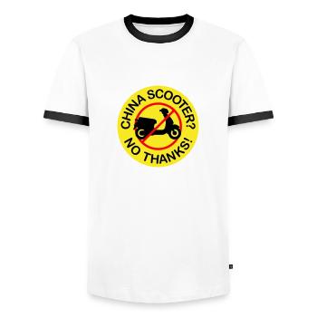 China Scooter? No Thanks! (3-color) - Men's Ringer Shirt - white/black - Front - AI Model Female 172 light (172cm) & AI Model Male 178 dark (178cm)