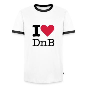 I Love DnB - Men's Ringer Shirt - white/black - Front - AI Model Female 172 light (172cm) & AI Model Male 178 dark (178cm)
