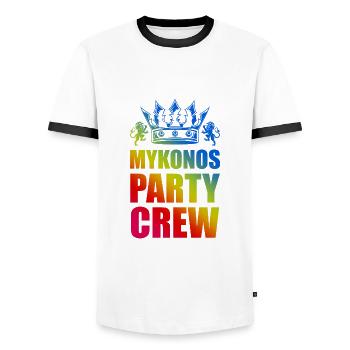 Mykonos Party Crew Saying - Men's Ringer Shirt - white/black - Front - AI Model Female 172 light (172cm) & AI Model Male 178 dark (178cm)