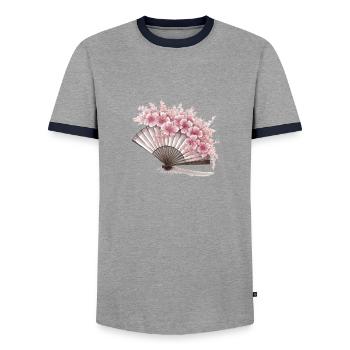 Geblümter japanischer Fächer - Männer Kontrast-T-Shirt - Grau/Navy  - Vorne - AI Model Female 172 light (172cm) & AI Model Male 178 light (178cm)
