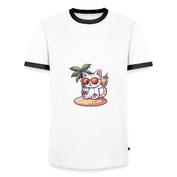 Cat Summer Beach Comic - Men's Ringer Shirt - white/black - Front - AI Model Female 172 light (172cm) & AI Model Male 178 dark (178cm)