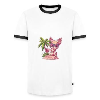 Chihuahua Dogs Summer Beach Comic - Men's Ringer Shirt - white/black - Front - AI Model Female 172 light (172cm) & AI Model Male 178 dark (178cm)