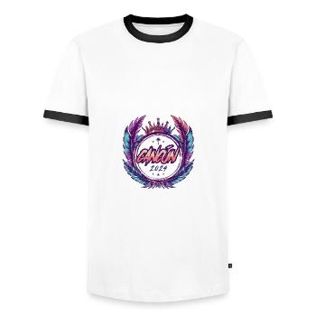 Cancun, Mexique 2024 - T-shirt contrasté Homme - blanc/noir - Devant - AI Model Female 172 light (172cm) & AI Model Male 178 dark (178cm)