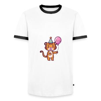 Tiger Birthday Comic - Men's Ringer Shirt - white/black - Front - AI Model Female 172 light (172cm) & AI Model Male 178 dark (178cm)