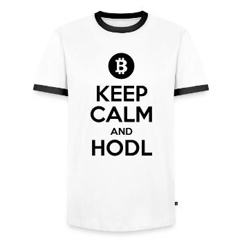 Keep Calm and HODL, Meme, Bitcoin - Men's Ringer Shirt - white/black - Front - AI Model Female 172 light (172cm) & AI Model Male 178 dark (178cm)