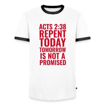 Actes 2:38 Verset de la Bible KJV Repentez-vous aujourd’hui - T-shirt contrasté Homme - blanc/noir - Devant - AI Model Female 172 light (172cm) & AI Model Male 178 dark (178cm)