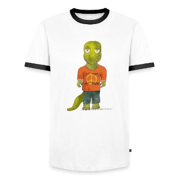 T-Rex végétalien « Elias » - T-shirt contrasté Homme - blanc/noir - Devant - AI Model Female 172 light (172cm) & AI Model Male 178 dark (178cm)
