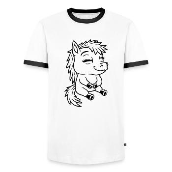 Comic kleines sitzendes Pony - Männer Kontrast-T-Shirt - Weiß/Schwarz - Vorne - AI Model Female 172 light (172cm) & AI Model Male 178 dark (178cm)