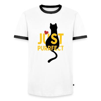 Pfotschafter Design: Just Purrfect cat with heart - Men's Ringer Shirt - white/black - Front - AI Model Female 172 light (172cm) & AI Model Male 178 dark (178cm)