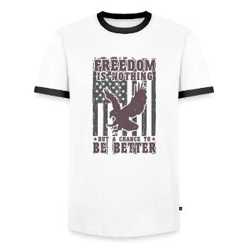 FREEDOM IS NOTHING BUT A CHANGE TO BE BETTER - Men's Ringer Shirt - white/black - Front - AI Model Female 172 light (172cm) & AI Model Male 178 dark (178cm)