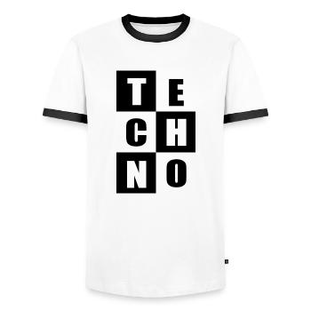 Techno music quotes - Men's Ringer Shirt - white/black - Front - AI Model Female 172 light (172cm) & AI Model Male 178 dark (178cm)