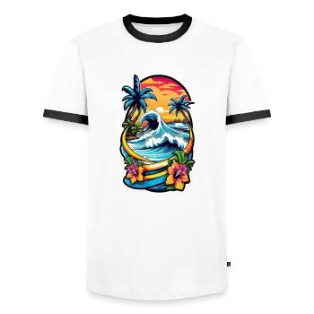 Surfing Beach Palm Tree Sunshine Holidays - Men's Ringer Shirt - white/black - Front - AI Model Female 172 light (172cm) & AI Model Male 178 dark (178cm)