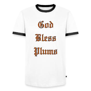 GodBlessPlums - Men's Ringer Shirt - white/black - Front - AI Model Female 172 light (172cm) & AI Model Male 178 dark (178cm)