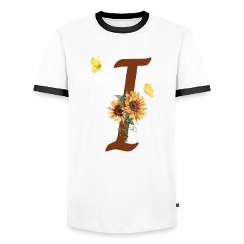 Buchstabe i Sonnenblume Schmetterling - Männer Kontrast-T-Shirt - Weiß/Schwarz - Vorne - AI Model Female 172 light (172cm) & AI Model Male 178 dark (178cm)