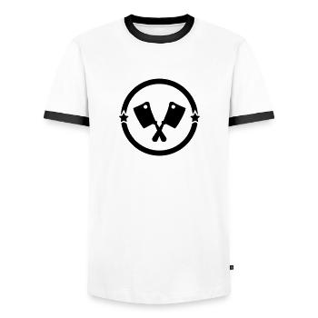 boucher / boucherie / charcutier / viande - T-shirt contrasté Homme - blanc/noir - Devant - AI Model Female 172 light (172cm) & AI Model Male 178 dark (178cm)