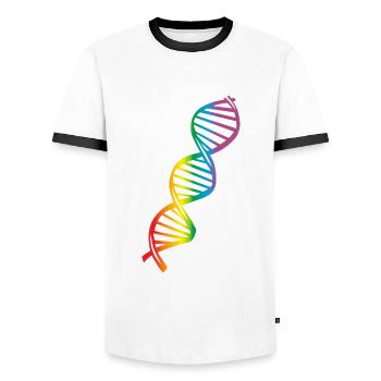 LGBT Regenbogen DNA - Männer Kontrast-T-Shirt - Weiß/Schwarz - Vorne - AI Model Female 172 light (172cm) & AI Model Male 178 dark (178cm)