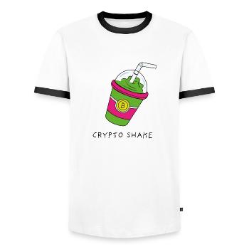 Bitcoin Ethereum Kryptowährungen Shake - Männer Kontrast-T-Shirt - Weiß/Schwarz - Vorne - AI Model Female 172 light (172cm) & AI Model Male 178 dark (178cm)
