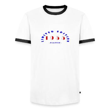 1955, Limited Edition - Männer Kontrast-T-Shirt - Weiß/Schwarz - Vorne - AI Model Female 172 light (172cm) & AI Model Male 178 dark (178cm)