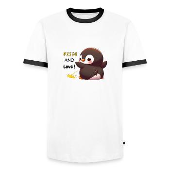 Humorvolle Ausdrücke "Pisse und Love Penguin" - Männer Kontrast-T-Shirt - Weiß/Schwarz - Vorne - AI Model Female 172 light (172cm) & AI Model Male 178 dark (178cm)