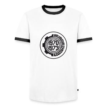 Dourou: Un centime Algérien (1ct) - T-shirt contrasté Homme - blanc/noir - Devant - AI Model Female 172 light (172cm) & AI Model Male 178 dark (178cm)