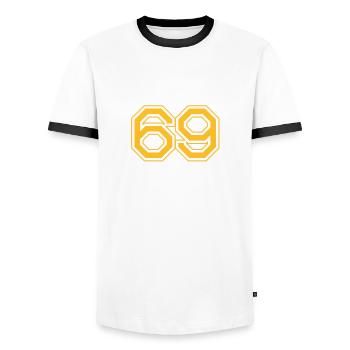Year 69 - Men's Ringer Shirt - white/black - Front - AI Model Female 172 light (172cm) & AI Model Male 178 dark (178cm)