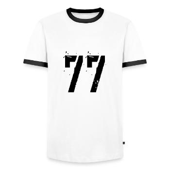 Nummer 77 - Männer Kontrast-T-Shirt - Weiß/Schwarz - Vorne - AI Model Female 172 light (172cm) & AI Model Male 178 dark (178cm)