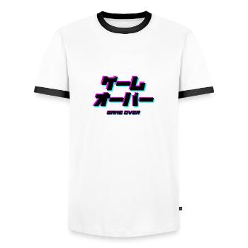 GAME OVER - Männer Kontrast-T-Shirt - Weiß/Schwarz - Vorne - AI Model Female 172 light (172cm) & AI Model Male 178 dark (178cm)