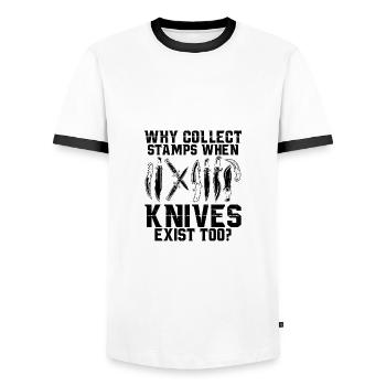 Gifts for knife collectors | Antique Knife Hobby - Men's Ringer Shirt - white/black - Front - AI Model Female 172 light (172cm) & AI Model Male 178 dark (178cm)