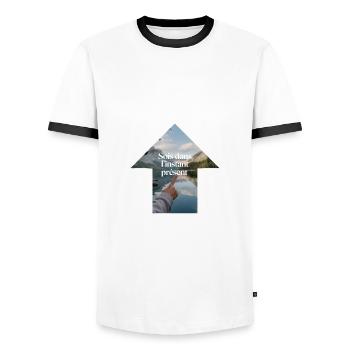 Present moment - Men's Ringer Shirt - white/black - Front - AI Model Female 172 light (172cm) & AI Model Male 178 dark (178cm)