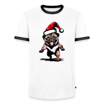 Tanzender Mops mit Weihnachtsmütze - Männer Kontrast-T-Shirt - Weiß/Schwarz - Vorne - AI Model Female 172 light (172cm) & AI Model Male 178 dark (178cm)