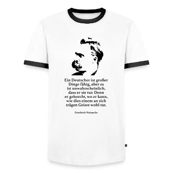 Nietzsche: Ein Deutscher ist großer Dinge fähig, - Männer Kontrast-T-Shirt - Weiß/Schwarz - Vorne - AI Model Female 172 light (172cm) & AI Model Male 178 dark (178cm)